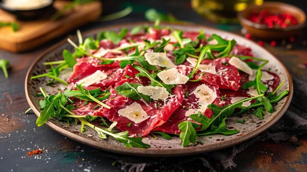 recettes traditionnelles et contemporaines à base de viande maturée 5 carpaccio de bœuf carpaccio de bœuf aurocha premium minhoto au parmesan et à la roquette