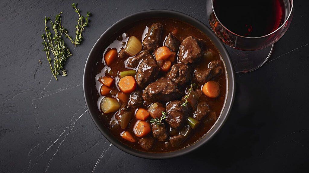 recettes traditionnelles et contemporaines à base de viande maturée 3 ragoût de bœuf aurocha premium beef minhoto au vin rouge, carotte et céleri