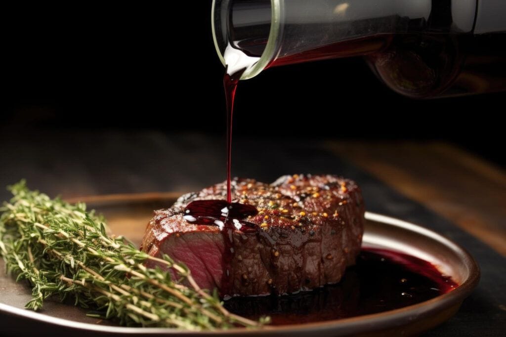 recettes traditionnelles et contemporaines à base de viande maturée 2 steak d'aloyau de bœuf de première qualité mûri à l'aurocha, sauce au vin rouge