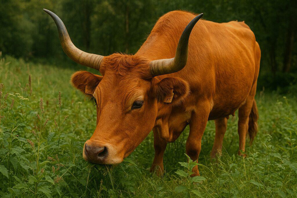 dibujo de vaca de la raza cachena comiendo pastos en un prado verde aurocha