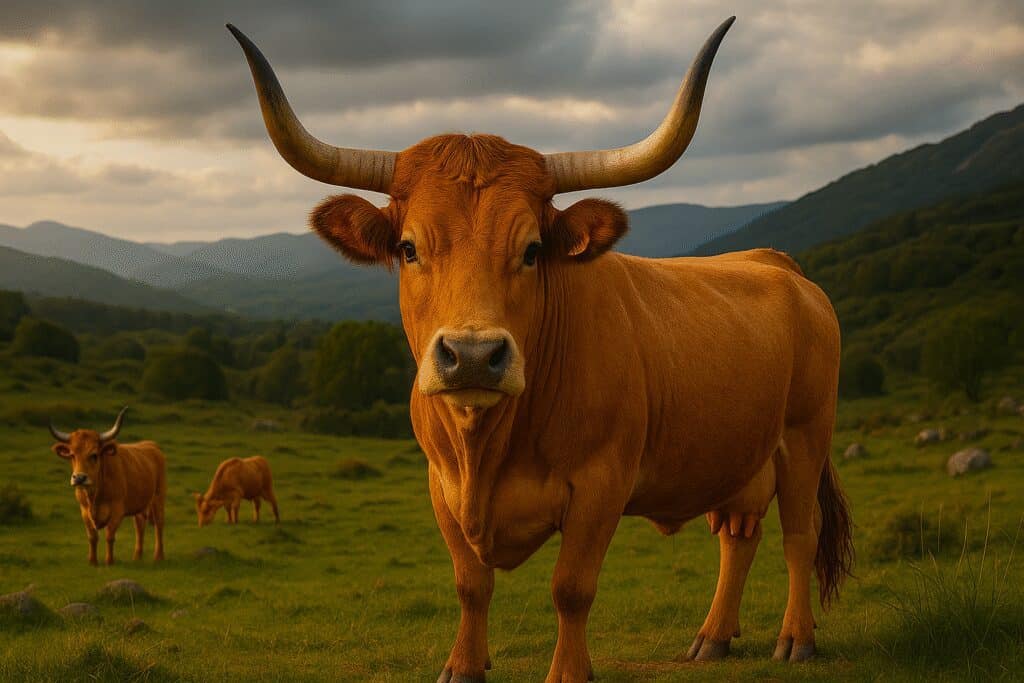 dibujo de vaca de la raza cachena en un prado verde aurocha